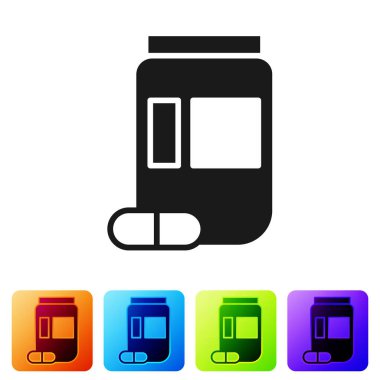 Siyah ilaç şişesi ve beyaz arka planda izole edilmiş hap ikonu. Şişe hapı işareti. Eczane tasarımı. Renkli kare düğmelerle simgeleri ayarla. Vektör İllüstrasyonu.