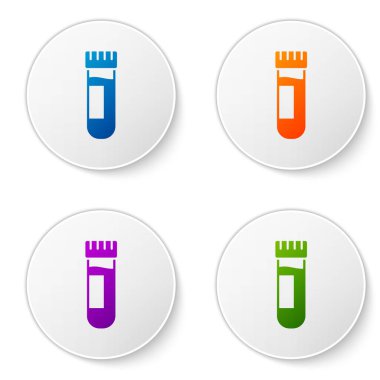Beyaz zemin üzerinde kan ikonu olan renkli test tüpü ya da matara. Laboratuvar, kimyasal, bilimsel cam levha. Simgeleri daire düğmelerine ayır. Vektör İllüstrasyonu.