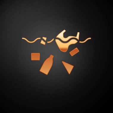 Altın, okyanus ikonunun kirliliği sorunu siyah arka planda izole edildi. Çöpler, plastikler, denizdeki poşetler. Vektör İllüstrasyonu.