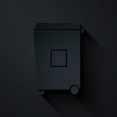 Kağıt kesiği Çöp kutusu simgesi siyah arkaplanda izole edildi. Çöp kutusu tabelası. Sepet simgesini geri dönüştür. Ofis çöpü ikonu. Kağıt sanatı tarzı. Vektör İllüstrasyonu.