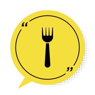Siyah tek kullanımlık plastik çatal simgesi beyaz arkaplanda izole edilmiş. Sarı konuşma balonu sembolü. Vektör İllüstrasyonu.