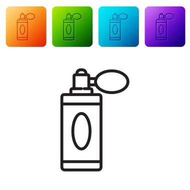 Beyaz arka planda izole edilmiş siyah çizgi tıraş losyonu şişesi. Parfüm spreyi ikonu. Erkek parfüm şişesi. Renkli kare düğmelerle simgeleri ayarla. Vektör İllüstrasyonu.