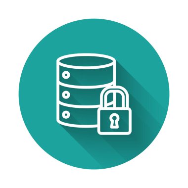 Kapalı asma kilit simgesine sahip beyaz çizgi sunucusu güvenliği uzun gölgeli izole edildi. Güvenlik, güvenlik, koruma kavramı. Yeşil daire düğmesi. Vektör İllüstrasyonu.