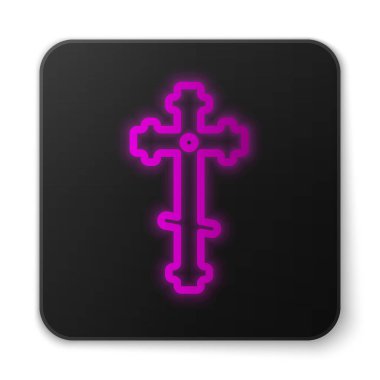 Parlayan neon hattı Hıristiyan çapraz simgesi beyaz arka planda izole edildi. Kilise haçı. Siyah kare düğme. Vektör İllüstrasyonu.