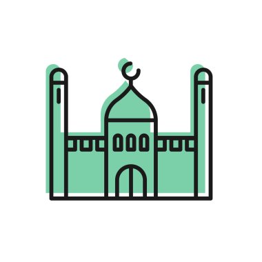 Siyah çizgili Müslüman cami simgesi beyaz arkaplanda izole edilmiş. Vektör İllüstrasyonu.
