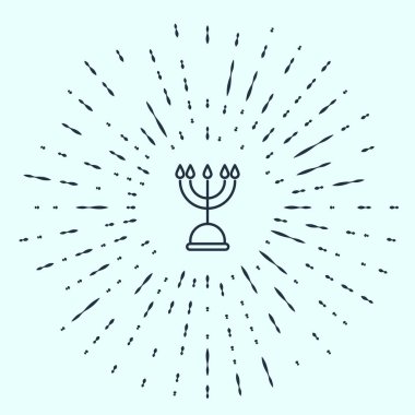 Siyah çizgi Hanuka menorah simgesi gri arkaplanda izole edildi. Geleneksel Hanuka sembolü. Tatil dini, Yahudi Işık Festivali. Soyut çember rastgele noktalar. Vektör İllüstrasyonu.