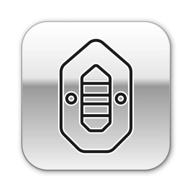 Rafting teknesi simgesi beyaz arka planda izole edildi. Şişme bot. Su sporları, ekstrem sporlar, tatil, tatil. Gümüş kare düğme. Vektör İllüstrasyonu.