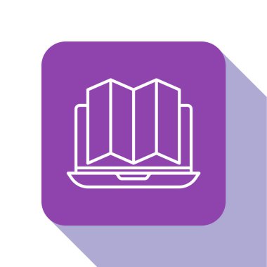 Ormanın haritadaki beyaz çizgi konumu beyaz arka planda izole edilmiş bir dizüstü bilgisayar ikonu. Mor kare düğme. Vektör İllüstrasyonu.