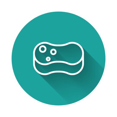 Beyaz çizgi Sünger simgesi uzun gölgeli izole edilmiş. Bulaşık yıkamak için bir tutam Bast. Temizlik hizmeti konsepti. Yeşil daire düğmesi. Vektör İllüstrasyonu.