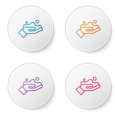 Renk çizgisi, beyaz arka planda izole edilmiş sabun ikonu ile ellerini yıkıyor. Virüs ve bakterileri önlemek için ellerini sabunla yıkıyorsun. Simgeleri daire düğmelerine ayır. Vektör İllüstrasyonu.