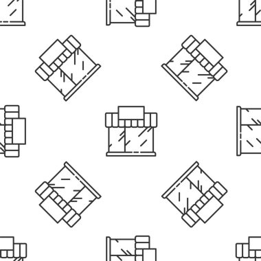 Gri çizgi alışveriş binası ya da market simgesi beyaz arka planda izole edilmiş pürüzsüz desen. Dükkan inşaatı. Vektör İllüstrasyonu.