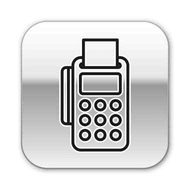 Beyaz arkaplanda siyah çizgi POS terminali ve eklenmiş kredi kartı ve yazdırılmış alıcı simgesi var. NFC ödeme konsepti. Gümüş kare düğme. Vektör İllüstrasyonu.