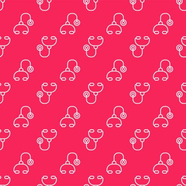 Beyaz çizgi steteskop tıbbi alet ikonu kırmızı arka planda izole edilmiş kusursuz desen. Vektör İllüstrasyonu.