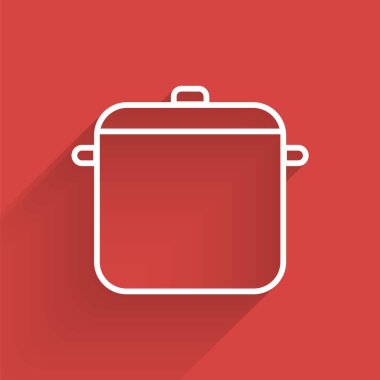 Beyaz çizgi tencere ikonu uzun gölgeli izole edilmiş. Haşlama ya da güveç besin sembolü. Vektör İllüstrasyonu.