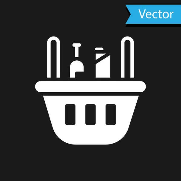 Белая Потребительская Корзина Значок Едой Черном Фоне Продовольственный Магазин Супермаркет — стоковый вектор
