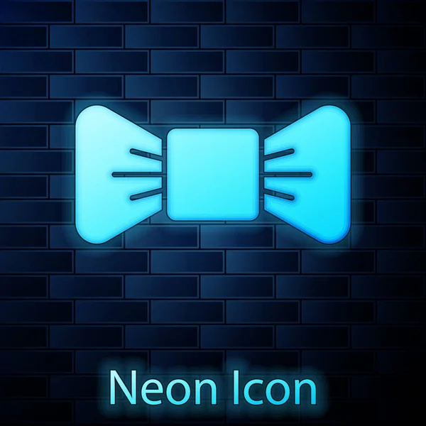 Brilhante Neon Bow Tie Ícone Isolado Fundo Parede Tijolo Ilustração — Vetor de Stock