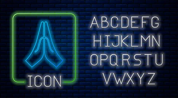 Сяючі Неонові Руки Молитовній Позиції Значок Ізольовані Фоні Цегляної Стіни — стоковий вектор