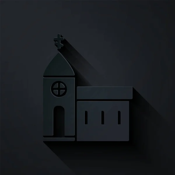 ペーパーカット教会の建物のアイコンは黒の背景に隔離された キリスト教会 教会の宗教 紙のアートスタイル ベクターイラスト — ストックベクタ