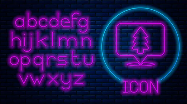 Izzó Neon Erdő Elhelyezkedése Egy Térképen Ikon Elszigetelt Téglafal Háttér — Stock Vector