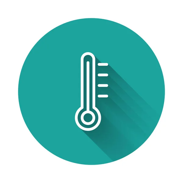 白い線長い影で隔離された気象温度計アイコンを測定します 高温または低温を示す温度計機器 緑色の丸ボタン ベクターイラスト — ストックベクタ