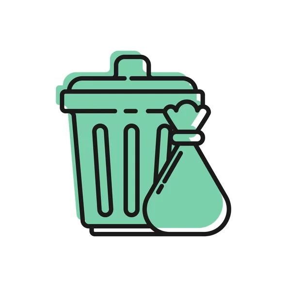 Black Line Trash Can Garbage Bag Icon Isolated White Background — Stock Vector