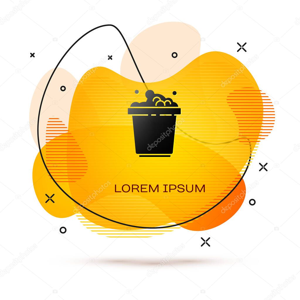 Black Bucket with soap suds icon isolated on white background. Bowl with water. Washing clothes, cleaning equipment. Abstract banner with liquid shapes. Vector Illustration.