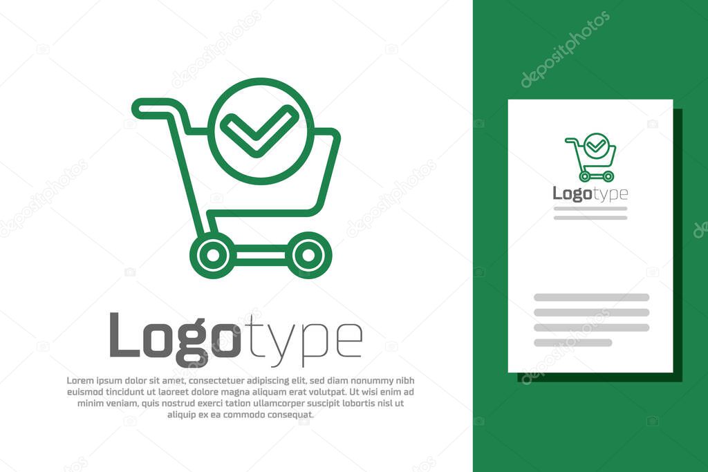 Green line Shopping cart with check mark icon isolated on white background. Supermarket basket with approved, confirm, tick, completed. Logo design template element. Vector Illustration.