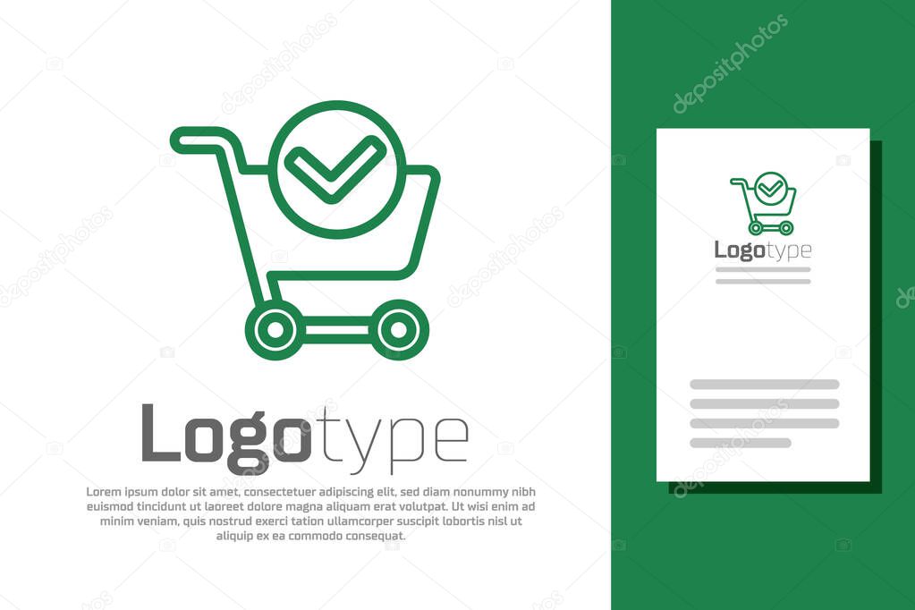 Green line Shopping cart with check mark icon isolated on white background. Supermarket basket with approved, confirm, tick, completed. Logo design template element. Vector Illustration.