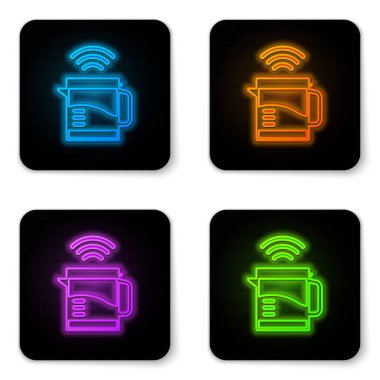 Parlayan neon ışıklı su ısıtıcısı sistemi simgesi beyaz arkaplanda izole edildi. Çaydanlık ikonu. İnternet kavramının kablosuz bağlantısı. Siyah kare düğme. Vektör.