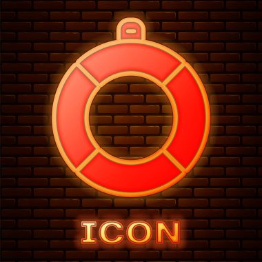 Parlayan neon renkli Lifebuoy simgesi tuğla duvar arkasında izole edildi. Can simidi sembolü. Vektör.