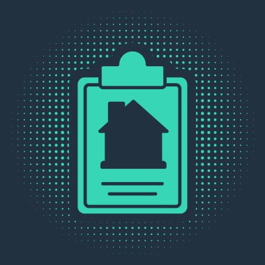 Yeşil Ev 'in sözleşme ikonu mavi arka planda izole edildi. Sözleşme oluşturma hizmeti, belge oluşumu, başvuru formu bileşimi. Soyut çember rastgele noktalar. Vektör.