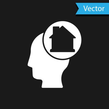 Beyaz adam siyah arka planda izole edilmiş yeni bir ev ikonu almayı hayal ediyor. Vektör.