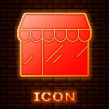 Parlayan neon alışveriş binası ya da market ikonu tuğla duvar arka planında izole edilmiş. Dükkan inşaatı. Vektör.