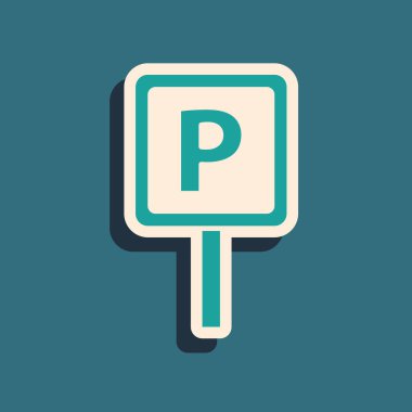 Yeşil Park simgesi yeşil arkaplanda izole edildi. Sokak tabelası. Uzun gölge tarzı. Vektör.