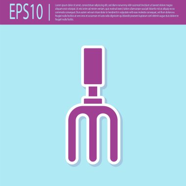 Retro mor bahçe tırmık simgesi turkuaz arka planda izole edildi. Bahçecilik, tarım, çiftçilik aleti. Toprak işçisi. Vektör.