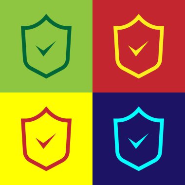 Renk arkaplanında işaretleme simgesi olan Pop Sanat Kalkanı. Güvenlik, güvenlik, koruma, gizlilik kavramı. Kene izi onaylandı. Vektör.