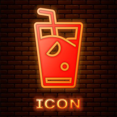 Parlayan neon taze smoothie ikonu tuğla duvar arka planında izole edilmiş. Vektör.