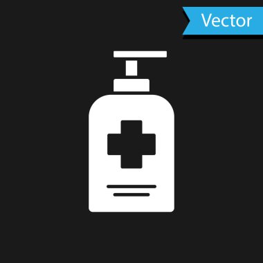 Siyah zemin üzerinde izole edilmiş şeker ikonu olan beyaz bir şişe antibakteriyel sabun. Antiseptik. Dezenfeksiyon, hijyen, cilt bakımı. Vektör..