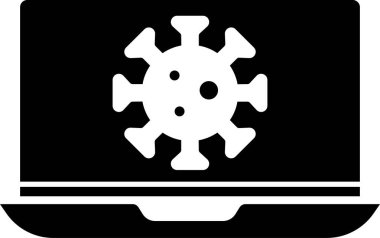 Beyaz arkaplanda izole edilmiş dizüstü bilgisayar ikonu ile ilgili Kara Virüs istatistikleri. Corona virüsü 2019-nCoV. Bakteri ve mikroplar, hücre kanseri, mikrop, mantar. Vektör..