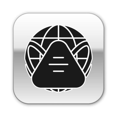 Beyaz arka planda tıbbi maske ikonuna sahip Kara Dünya küresi. Gümüş kare düğme. Vektör..