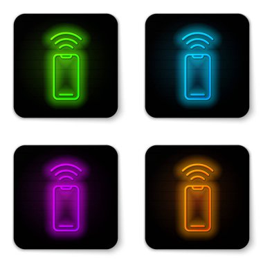 Parlak neon hattı kablosuz akıllı telefon simgesi beyaz arkaplanda izole edildi. Siyah kare düğme. Vektör.