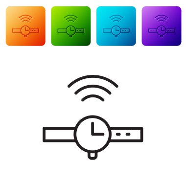 Beyaz arkaplanda siyah çizgi Smartwatch simgesi izole edildi. İnternet kavramının kablosuz bağlantısı. Renkli kare düğmelerle simgeleri ayarla. Vektör.