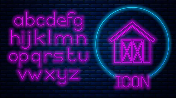 Leuchtende Neonfarbene Bauernhaus Ikone Isoliert Auf Backsteinwandhintergrund Neonlicht Alphabet Vektor — Stockvektor