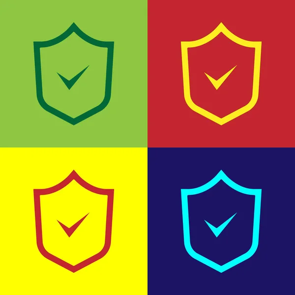 Pop Art Shield Con Icono Marca Verificación Aislado Fondo Color — Vector de stock