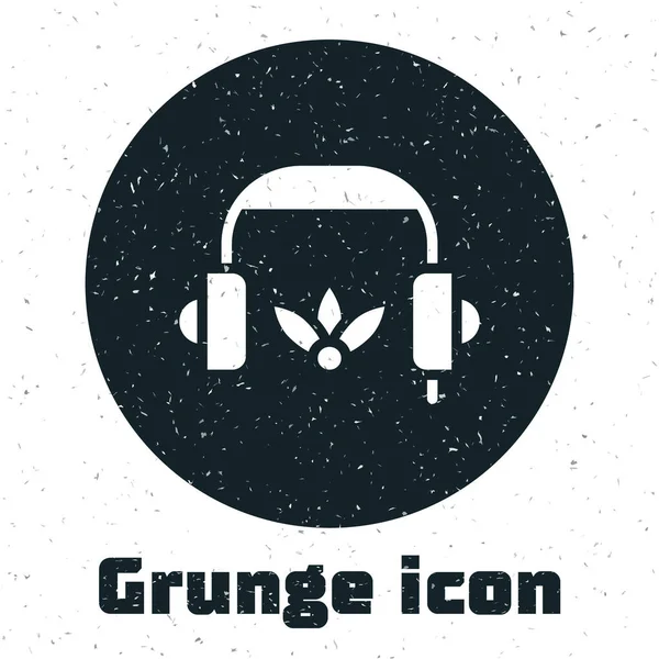 Grunge Headphones Meditation Icon Isolated White Background Monochrome Vintage Drawing — Stock Vector