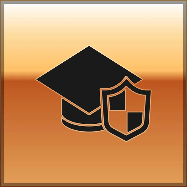 黑色毕业帽 盾牌图标隔离在金色背景上 保险概念 保护概念 — 图库矢量图片