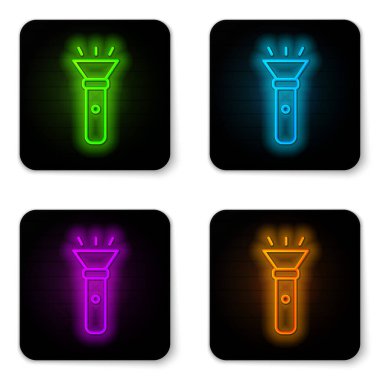 Parlayan neon çizgisi Flashlight simgesi beyaz arkaplanda izole edildi. Siyah kare düğme. Vektör.