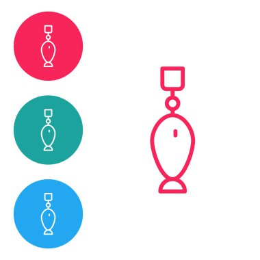 Kırmızı çizgi balıkçı kaşığı simgesi beyaz arkaplanda izole edilmiş. Balık şeklinde olta yemleri. Balık oltası. Simgeleri daire düğmelerine ayır. Vektör.