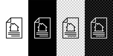 House 'un sözleşme simgesini siyah beyaz arkaplanda izole et. Sözleşme oluşturma hizmeti, belge oluşumu, başvuru formu bileşimi. Vektör.