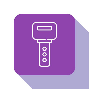 Beyaz çizgi ev anahtarı simgesi beyaz arkaplanda izole edildi. Mor kare düğme. Vektör.